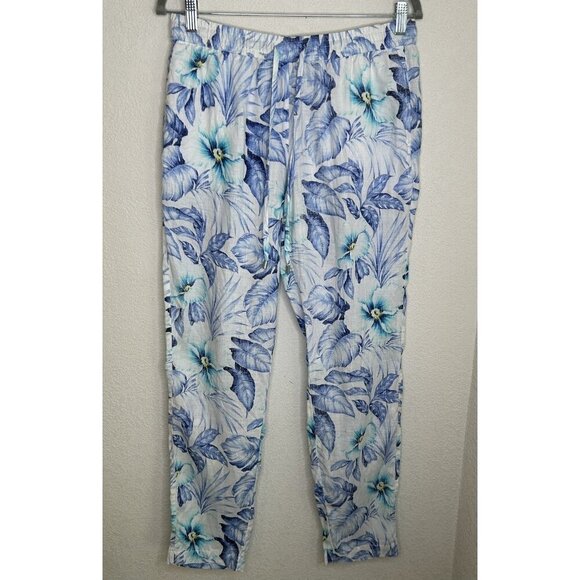 Tommy Bahama Pants Womens Small Blue Floral Linen Pull On Lightweight Tropical - Picture 1 of 10